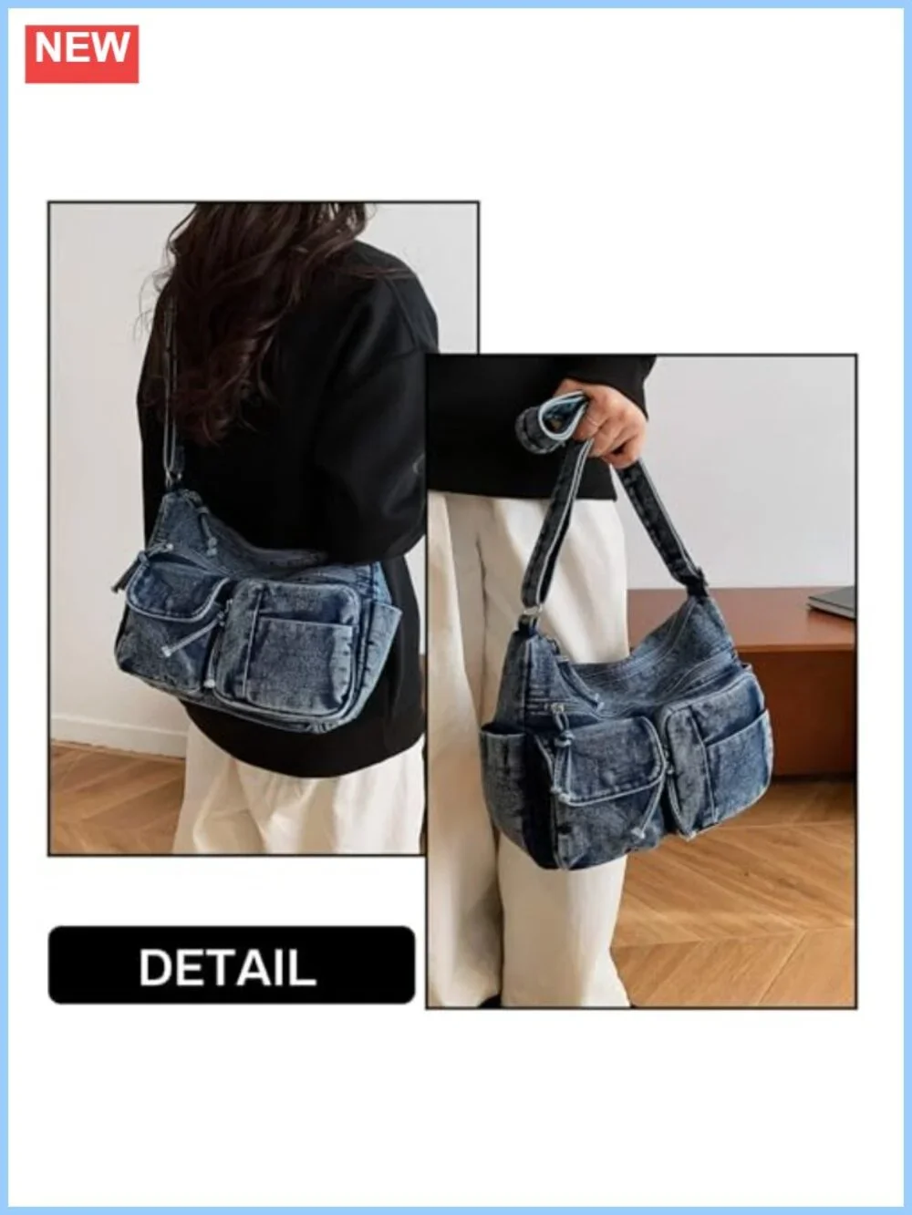 Y2K Grunge Distressed Denim Crossbody Bag Multi-Pocket Hobo Shoulder Purse